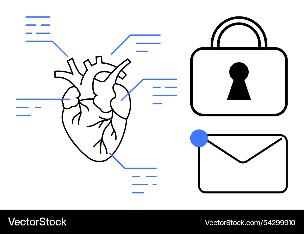 Heart with data lines security lock and email Heart with data lines security lock and email vector image
