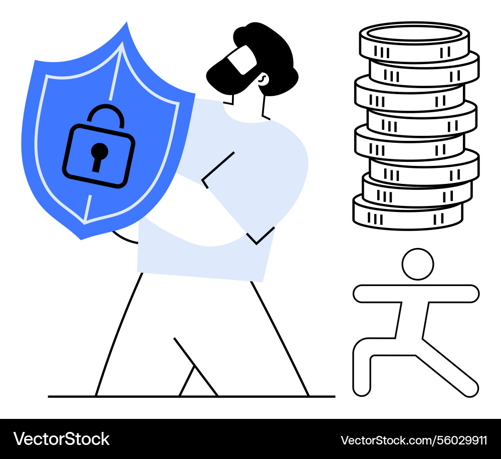 Man holding shield with padlock stack of coins Man holding shield with padlock stack of coins vector image