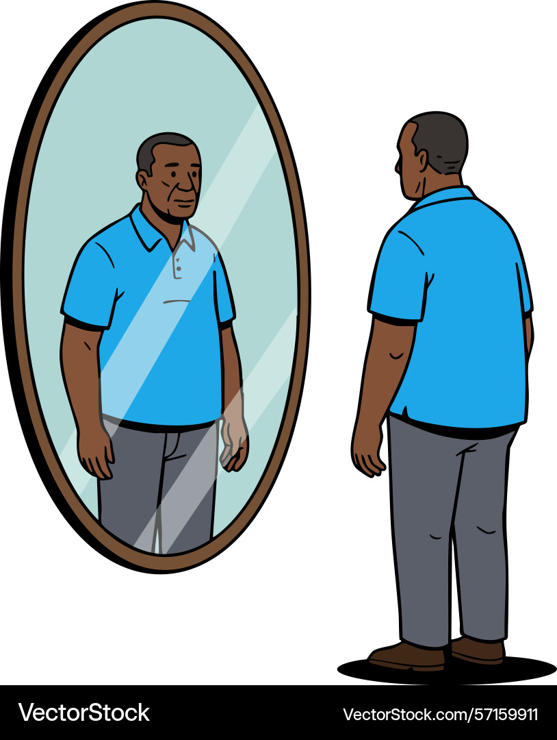 Man standing in front of oval mirror reflection Vector Image