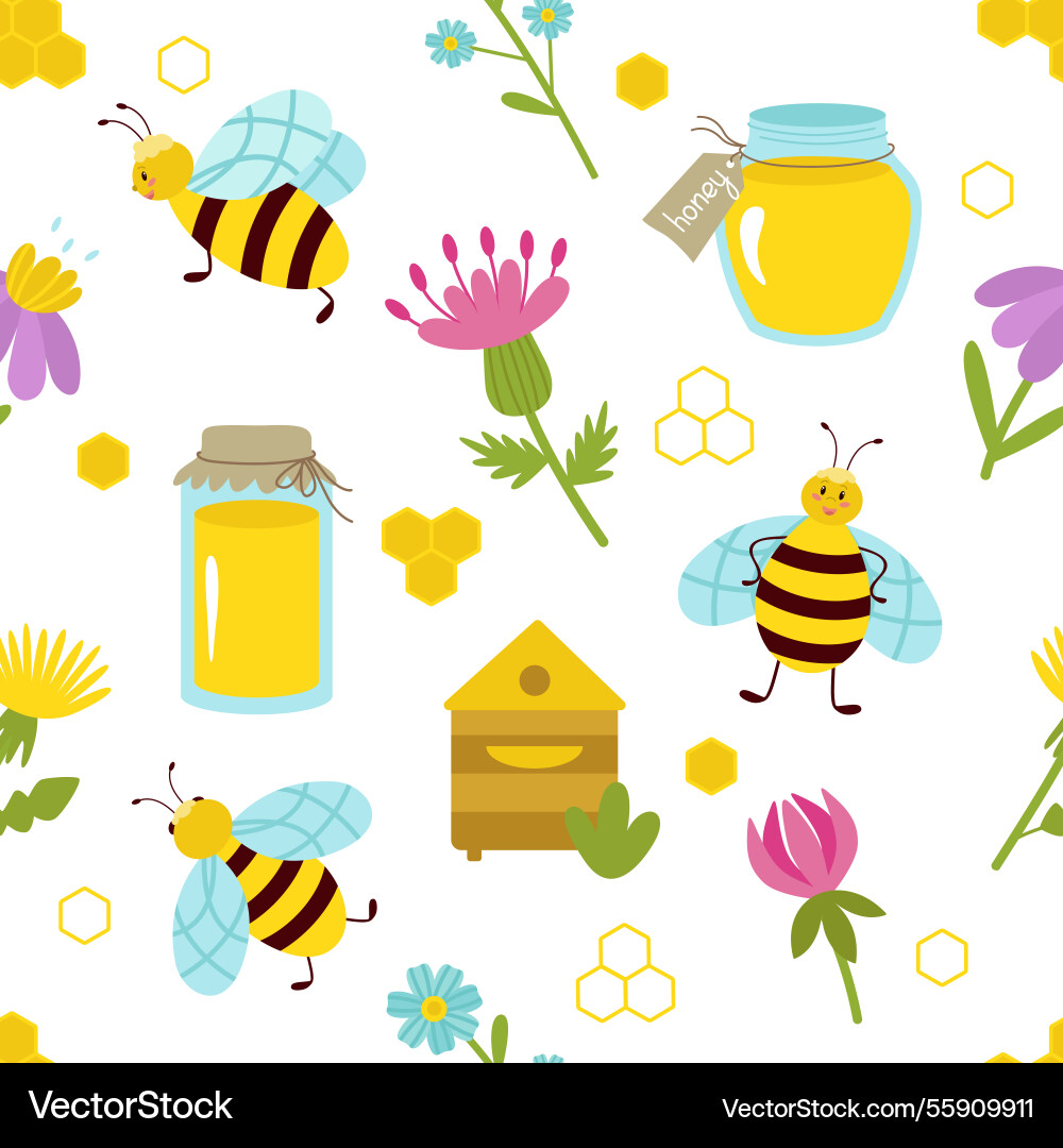 Seamless pattern with bees and honey beehive Seamless pattern with bees and honey beehive vector image