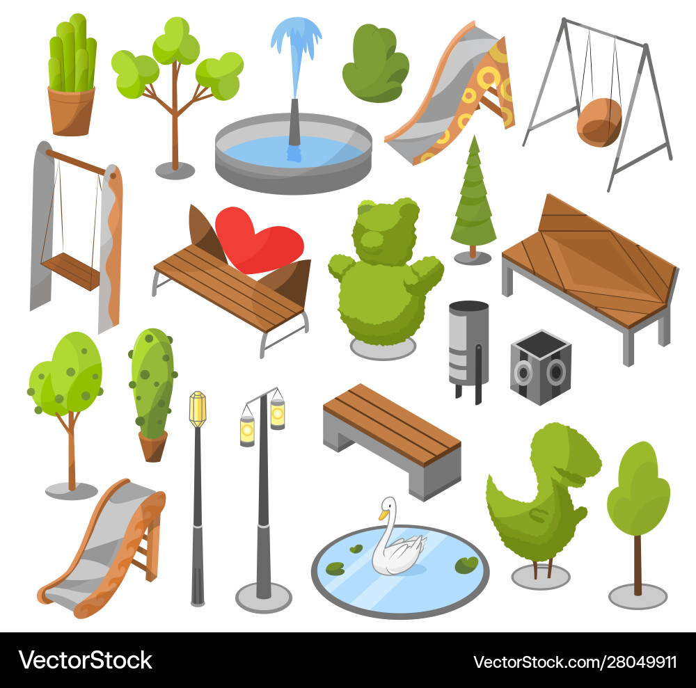 Set objects city park with architecture Set objects city park with architecture vector image