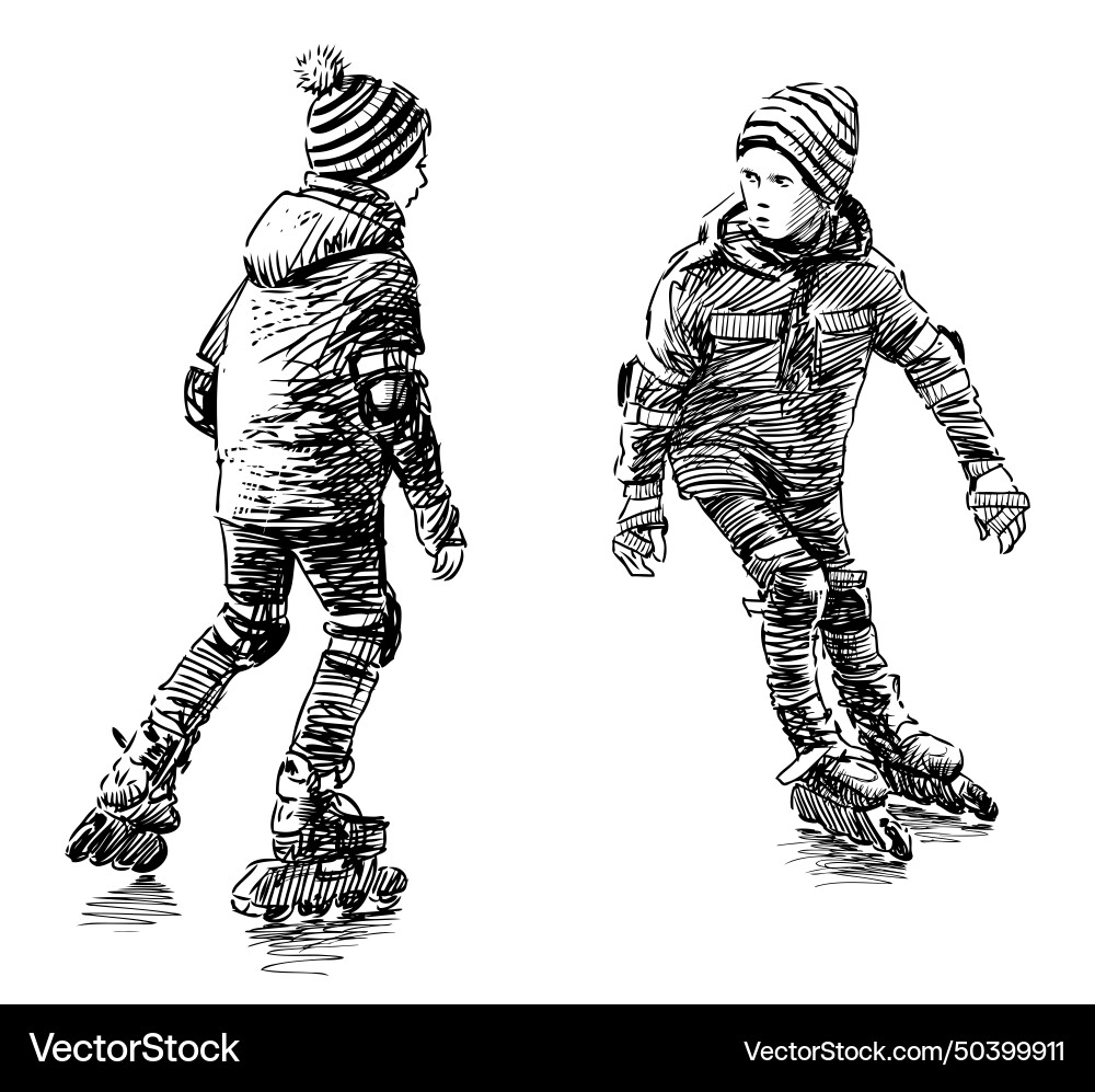 Sketch von zwei kleinen Schulkinder Roll Skating Sketch von zwei kleinen Schulkinder Roll Skating vektorbild