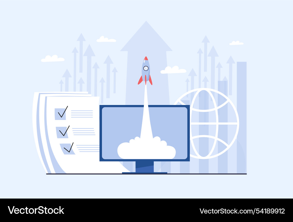 Rocket takes off from computer screen startup Rocket takes off from computer screen startup vector image