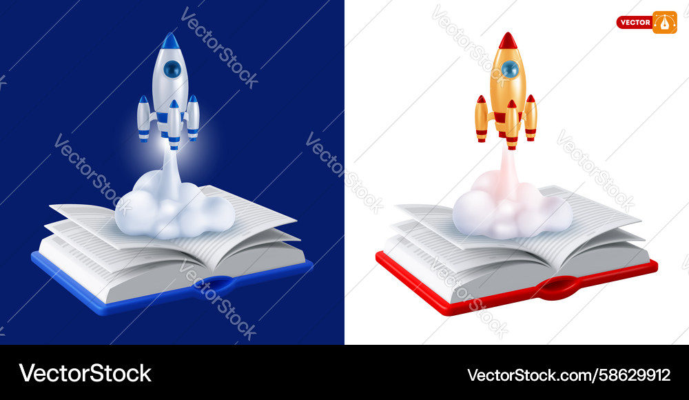 Spaceship start from open book 3d icon set Spaceship start from open book 3d icon set Vector Image