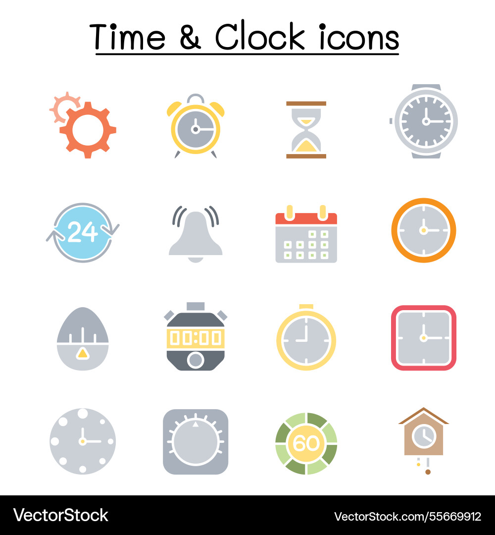 Time and clock icon set in flat color style Time and clock icon set in flat color style vector image