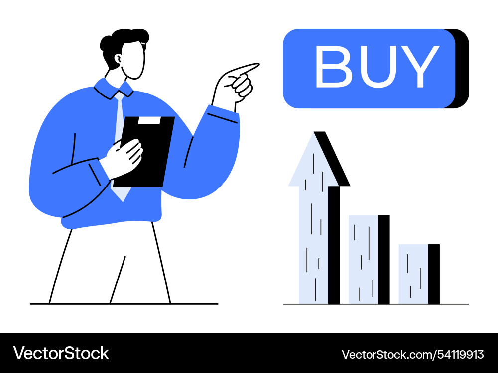 Man holding clipboard pointing at buy button Vector Image