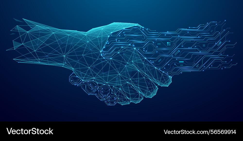 Abstract man and ai robot engaging in a handshake Abstract man and ai robot engaging in a handshake Vector Image
