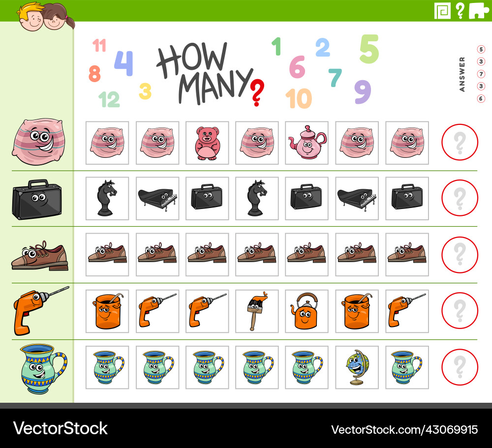 Counting task for children with cartoon object Counting task for children with cartoon object Vector Image