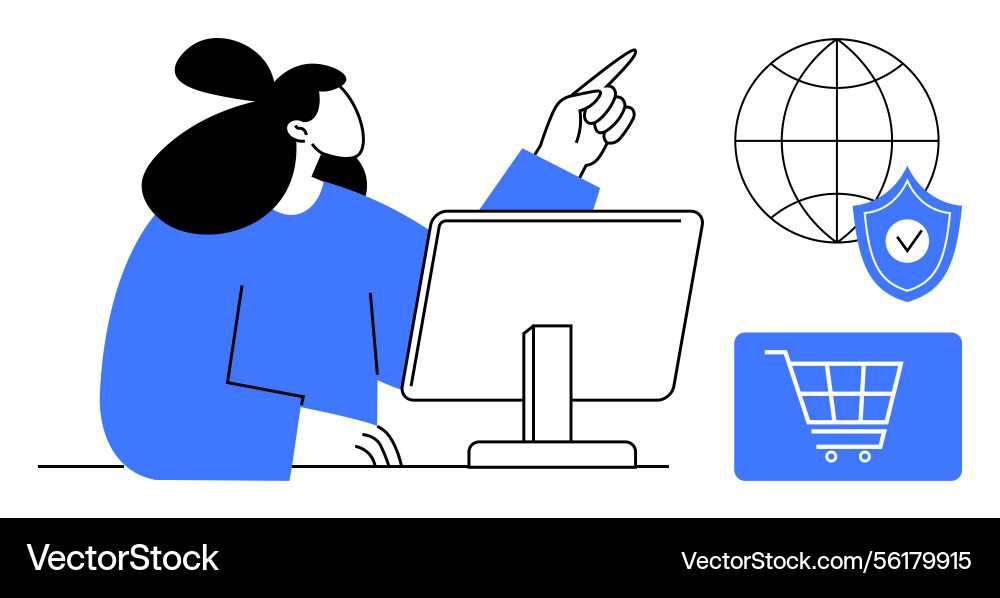 Person at computer gesturing toward web security Person at computer gesturing toward web security vector image
