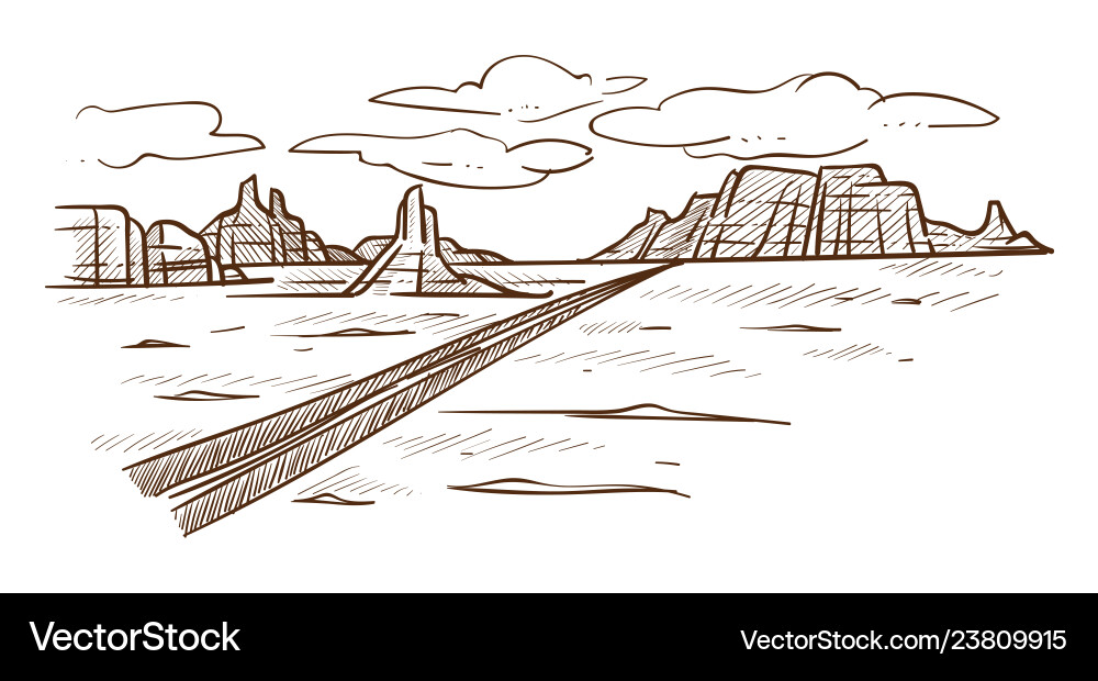 Texas wild desert road and hills landscape sketch Texas wild desert road and hills landscape sketch vector image