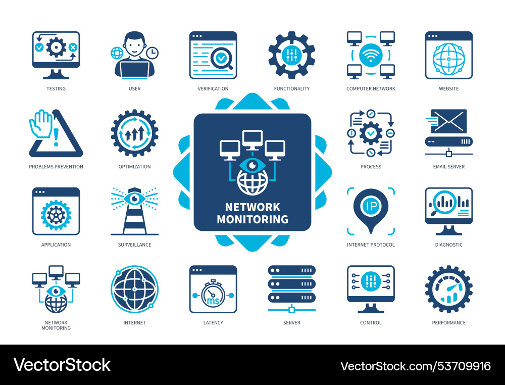 Network monitoring solid icon set Network monitoring solid icon set vector image