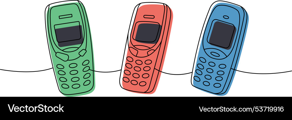 Old mobile phones set one line colored continuous Vector Image