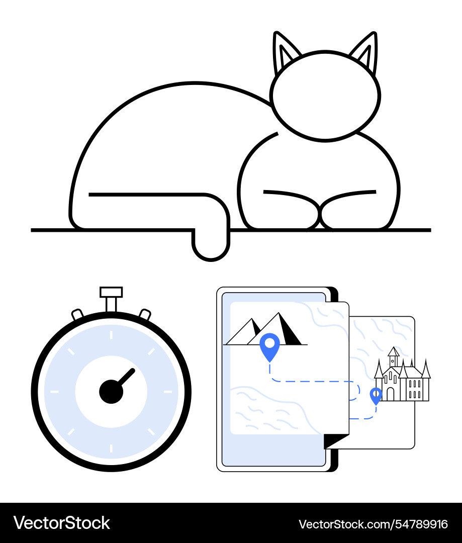 Sleek cat stopwatch and digital map simplistic Sleek cat stopwatch and digital map simplistic vector image