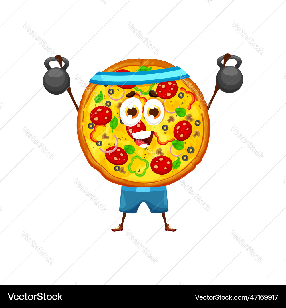 Cartoon pizza character with training weights Cartoon pizza character with training weights vector image