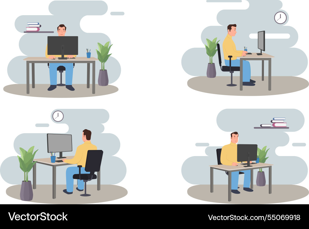 A man working with computer in different views Vector Image