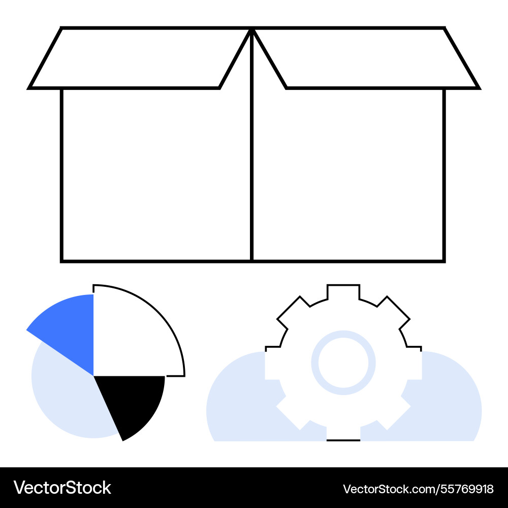 Open box with pie chart and gear representing Open box with pie chart and gear representing vector image