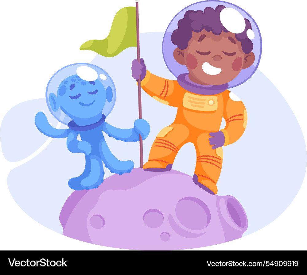 Boy astronaut character with alien in outer space Boy astronaut character with alien in outer space vector image