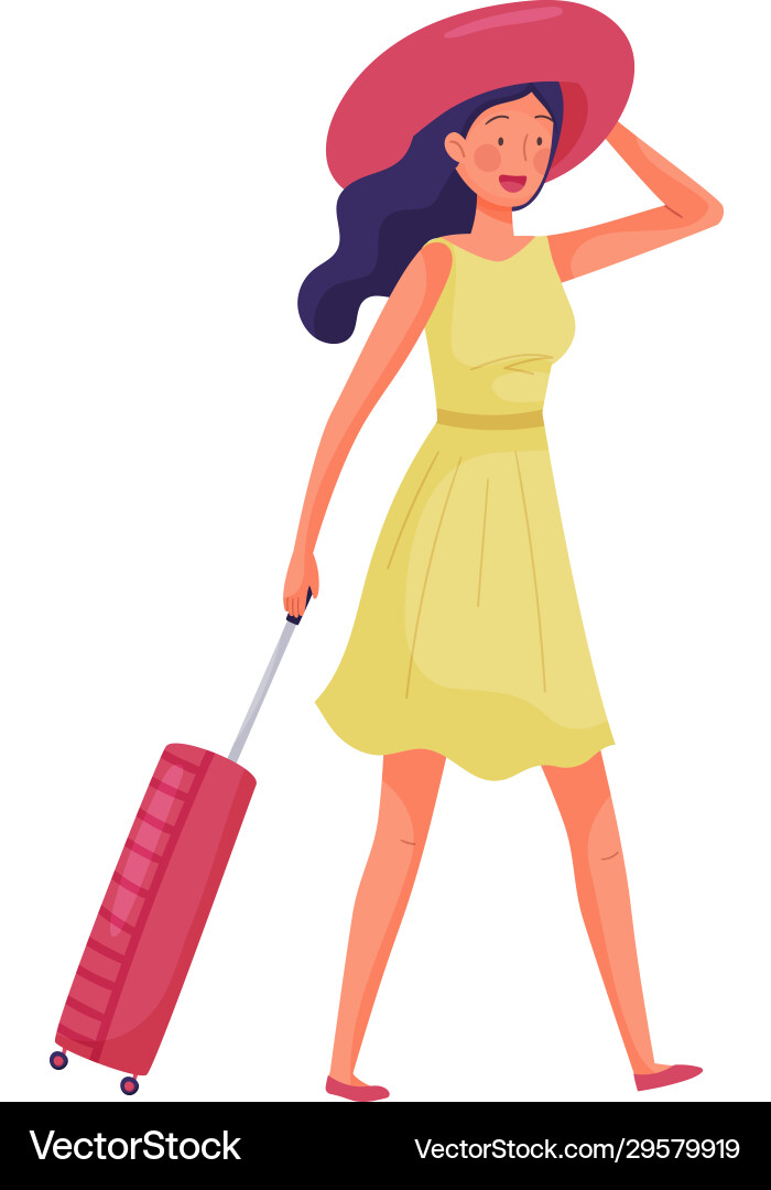 Young girl wearing dress and pulling luggage Young girl wearing dress and pulling luggage vector image