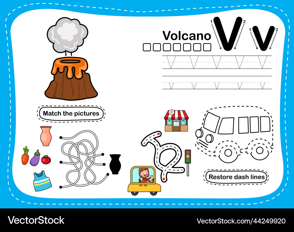 Alphabet Buchstaben v - Vulkanübung mit Karikatur Alphabet Buchstaben v - Vulkanübung mit Karikatur vektorbild