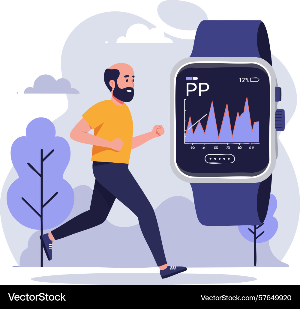 Man running with fitness tracker showing activity Man running with fitness tracker showing activity vector image