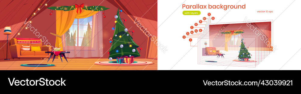 Parallax background attic with christmas tree vector image