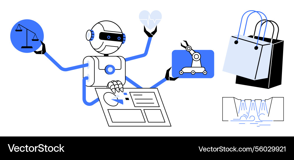 Robot with multiple arms displaying various tasks Robot with multiple arms displaying various tasks vector image