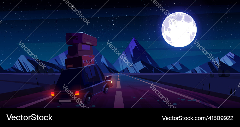 Car with luggage drive to mountains at night Car with luggage drive to mountains at night vector image