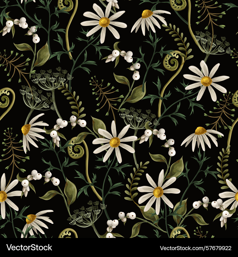 Seamless pattern with chamomile fern and other Vector Image