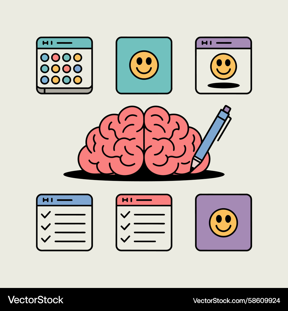 Brain with to do lists and happy faces icons Brain with to do lists and happy faces icons Vector Image