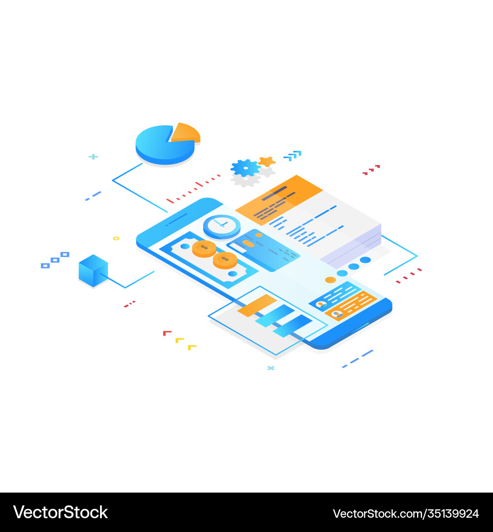 Isometric phone with gradients and finances Vector Image