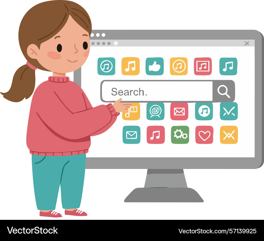 Girl using computer with colorful icons on screen vector image