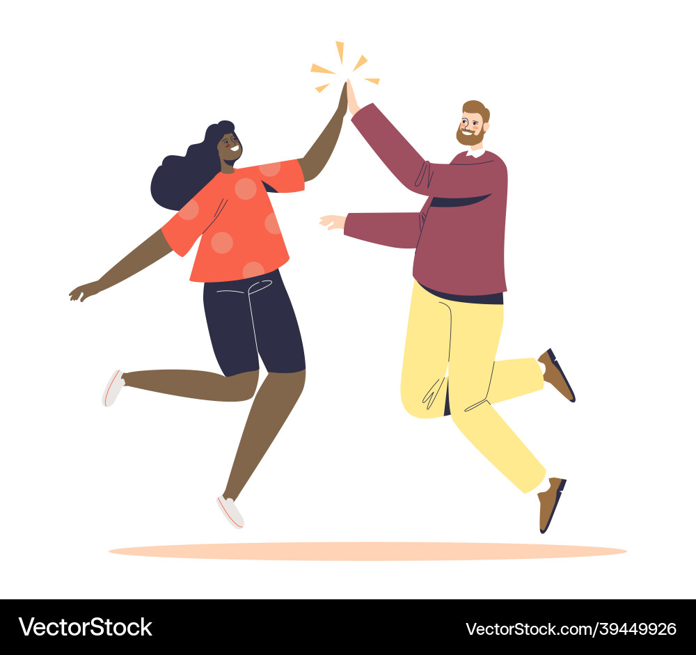 Happy cheerful man and woman jumping up giving vector image