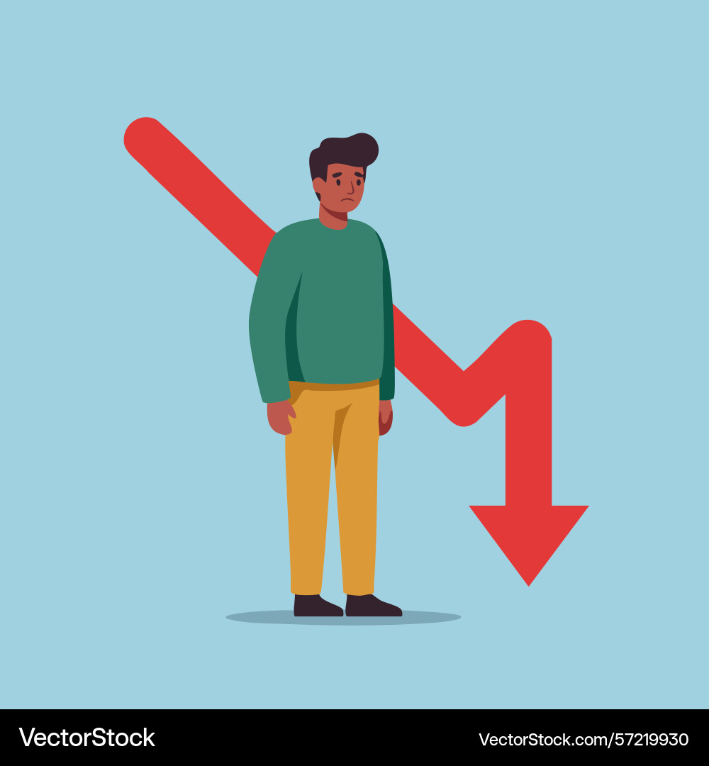 Man standing with red downward arrow representing vector image