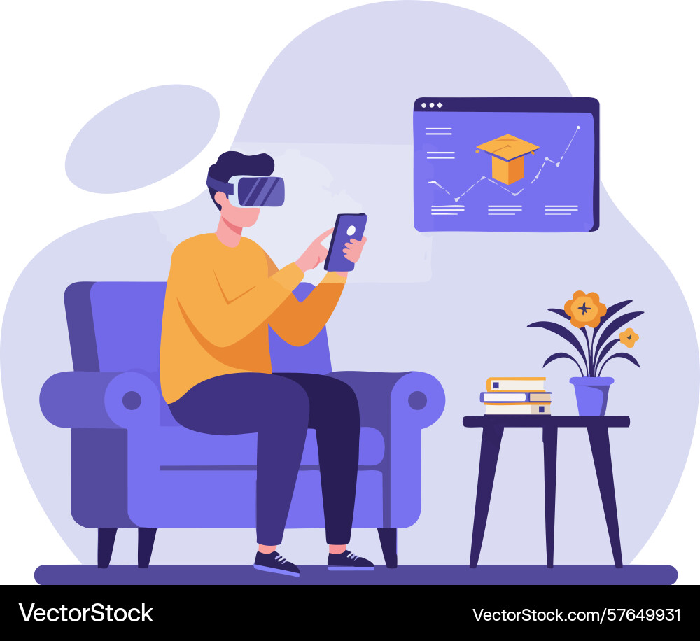 Man using virtual reality headset for online vector image
