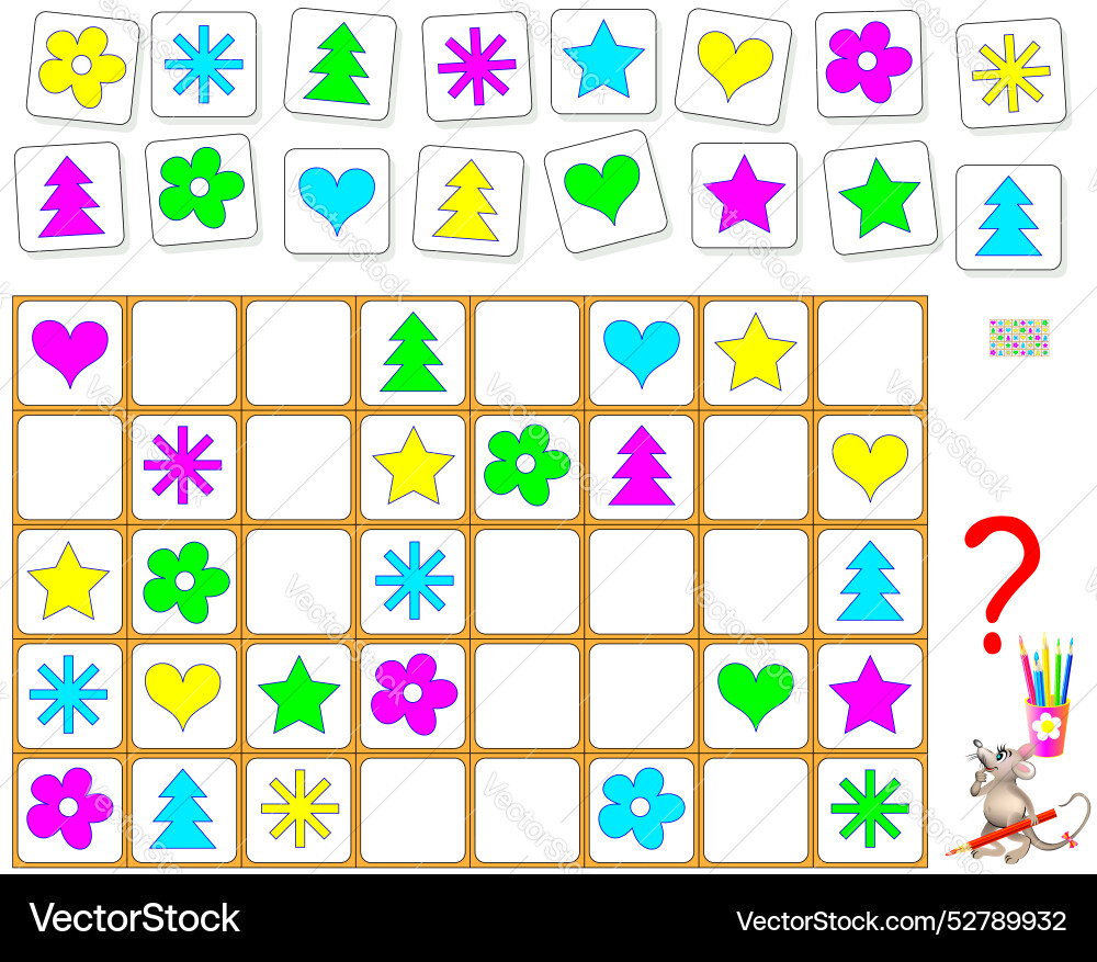 Logic puzzle game draw the missing objects Logic puzzle game draw the missing objects vector image