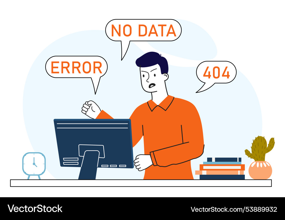 Man with 404 errors young guy near computer Man with 404 errors young guy near computer vector image