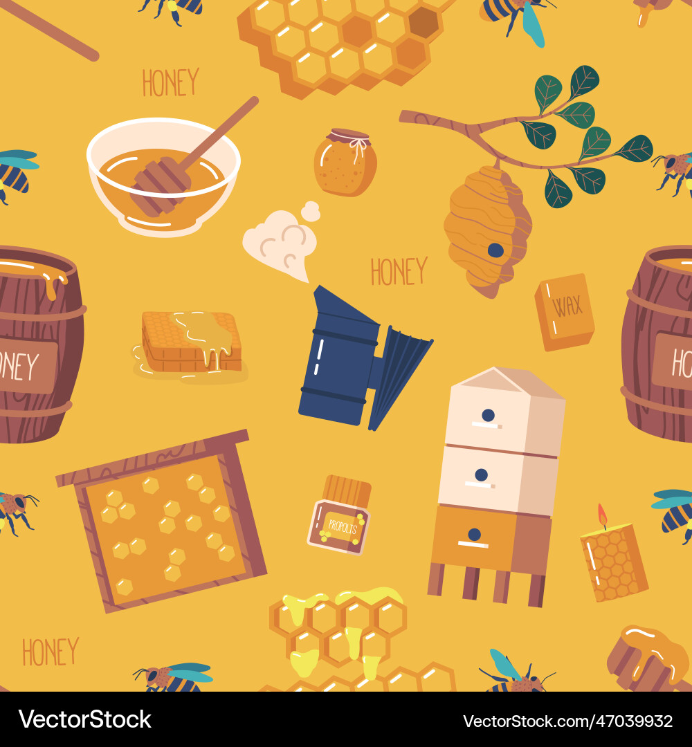 Seamless pattern with apiary items features bees Seamless pattern with apiary items features bees Vector Image