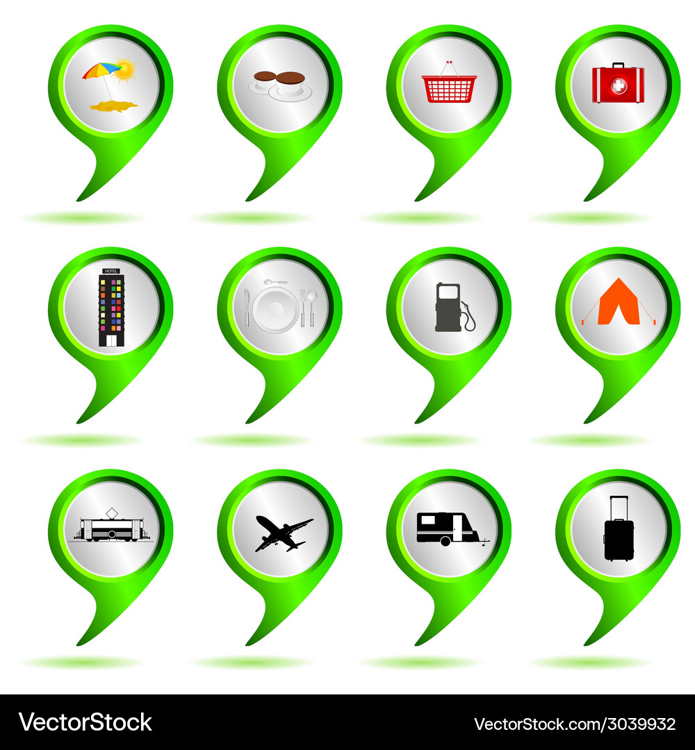 Set of green map pointer with travel sign Vector Image