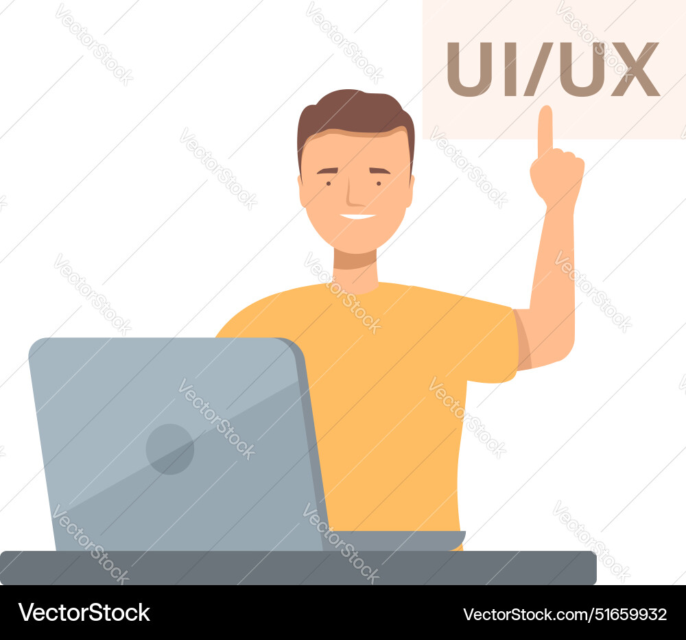 Web designer pointing at uiux sign while working Web designer pointing at uiux sign while working Vector Image