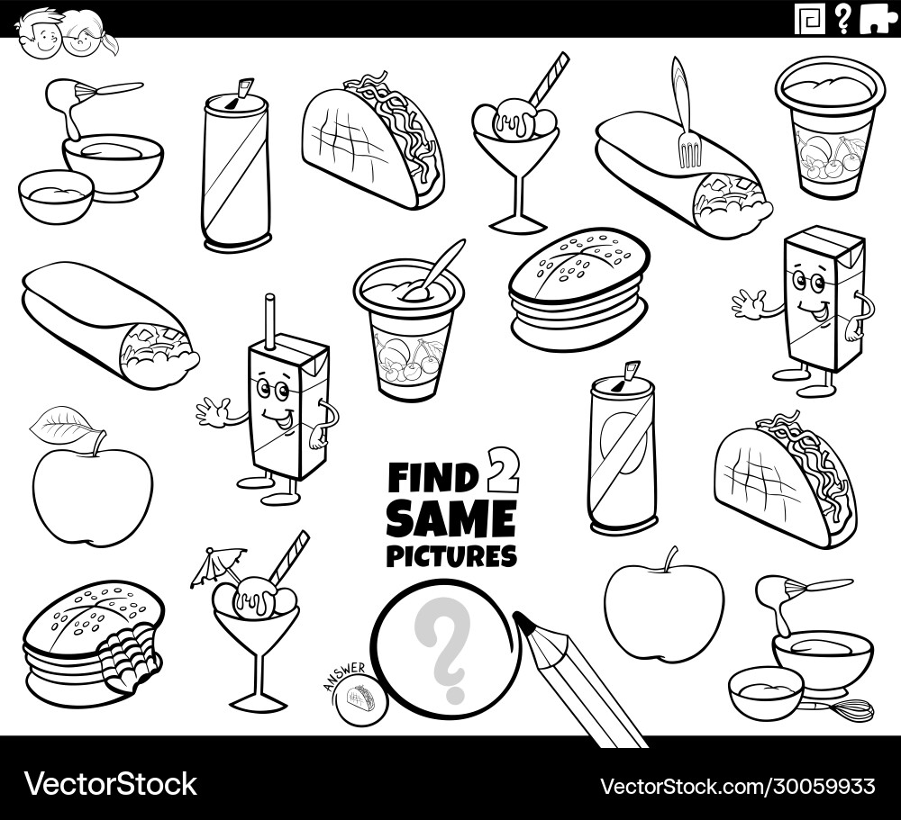 Find two same food objects color book page vector image