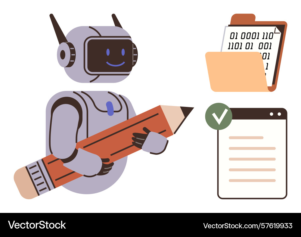 Robot writing with pencil next to data folder Robot writing with pencil next to data folder vector image