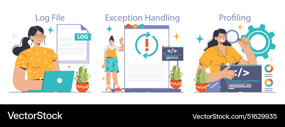 Software testing set code and debugging Software testing set code and debugging vector image