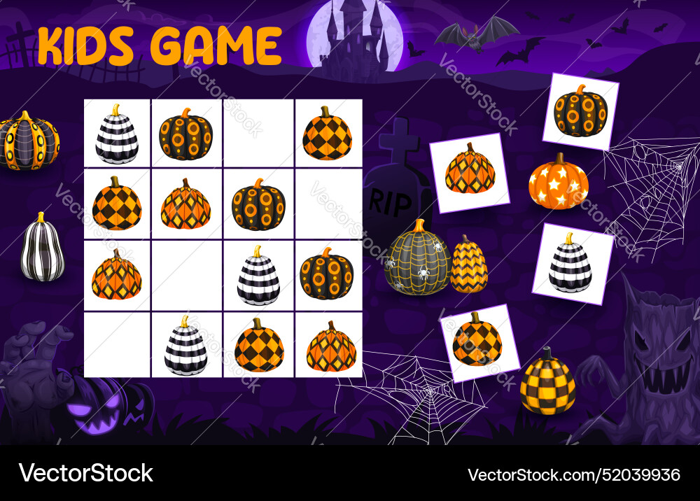Kinder halloween sudoku Spiel mit gemusterten Kürbissen Kinder halloween sudoku Spiel mit gemusterten Kürbissen vektorbild