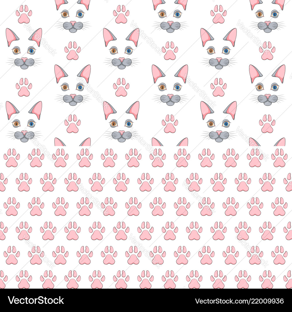 Seamless patterns with gray cat face and paw print Seamless patterns with gray cat face and paw print vector image