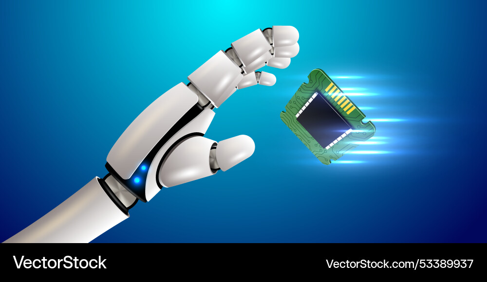Robot hand holding processor technology machine Robot hand holding processor technology machine vector image