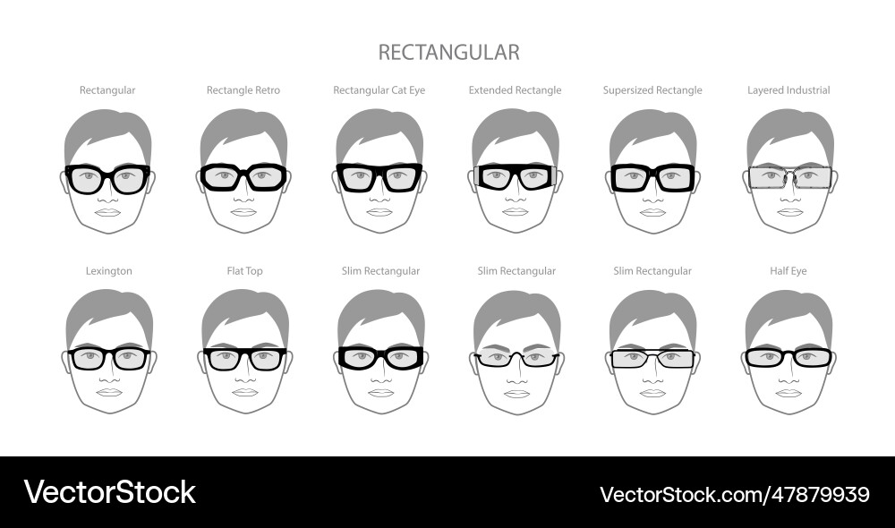 Set of rectangular frame glasses on men face Set of rectangular frame glasses on men face vector image