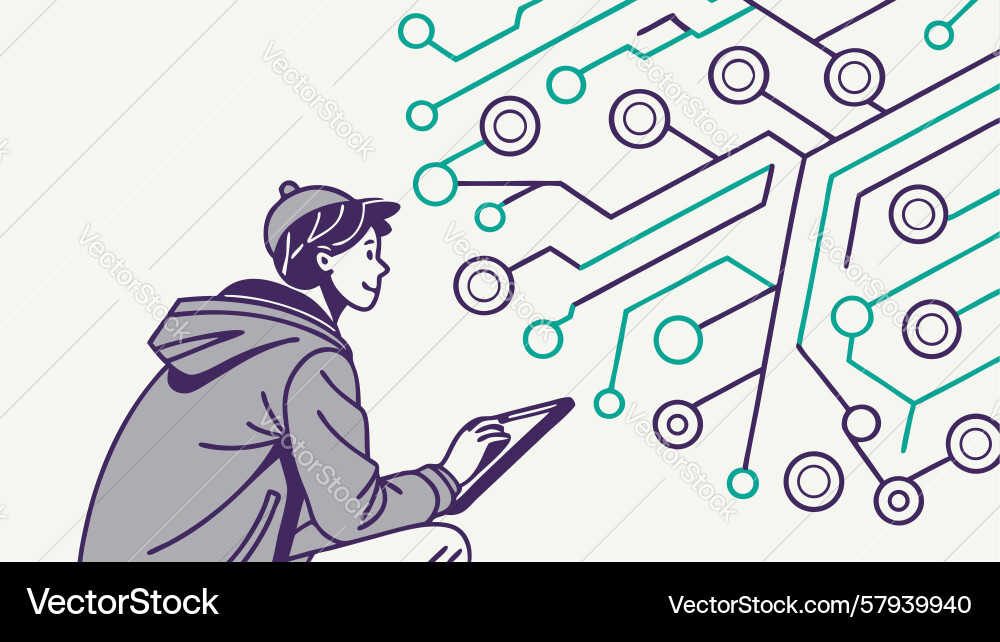 Person Using Tablet with Tech Overlay Vector Image
