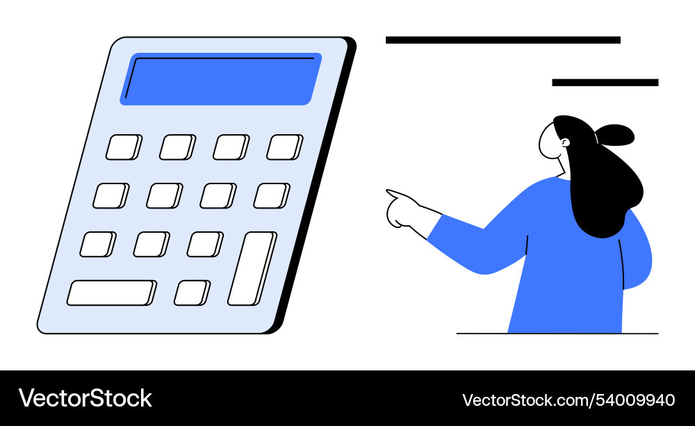 Woman pointing at calculator display emphasizing Woman pointing at calculator display emphasizing vector image