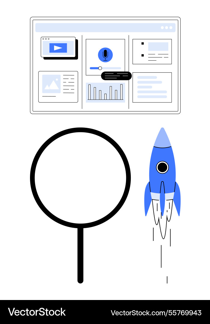 Magnifying glass examining web data as rocket Magnifying glass examining web data as rocket vector image