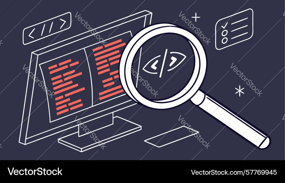 Analyzing programming code with magnifying glass vector image